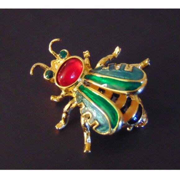 Joan Rivers RUSSIAN Honey BEE PIN BROOCH Enamel Yellow Black Gold Red Cabochon - Picture 2 of 5